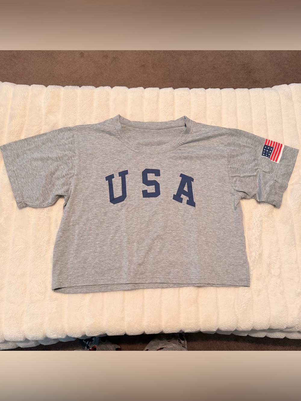 Women’s USA United States Patriotic American Flag Gray Crop Top Size Large